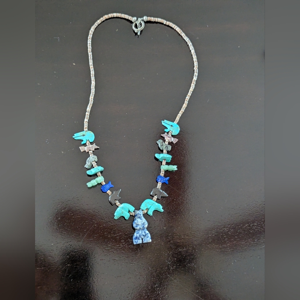Zuni Turquoise Fetish Hand Carved Necklace Statement Heishi Beads Bear???
